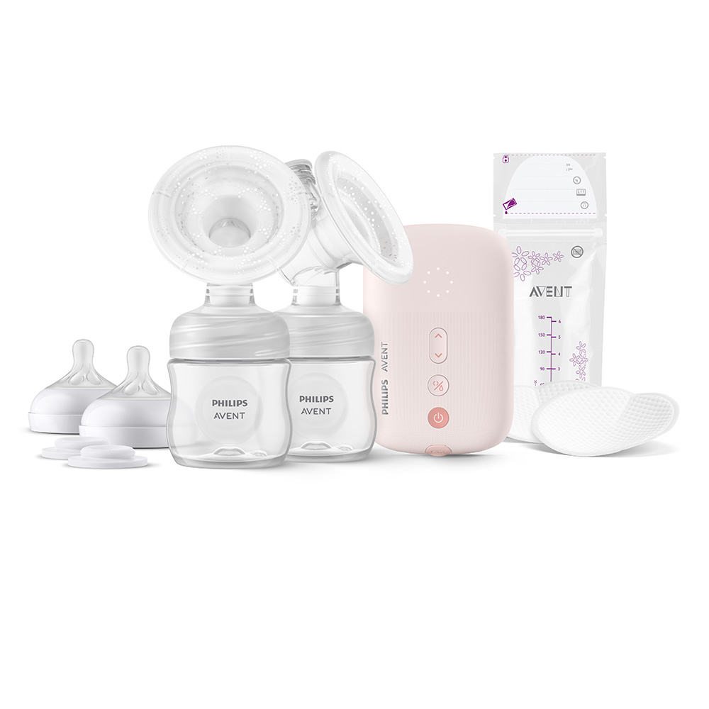 Двойна електрическа помпа Philips AVENT Natural Motion Advanced SCF395/31 с 2 бр. полипропиленови шишета 125 мл с биберон Natural Response 0м+, 5 бр. торбички за кърма и 4 бр. подплънки