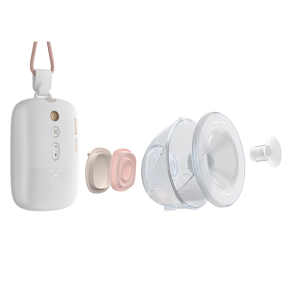 Двойна електрическа помпа Philips AVENT Hands-free SCF532/11 тип “свободни ръце”, която дискретно се побира в сутиена, задвижващ мотор с акумулаторна батерия