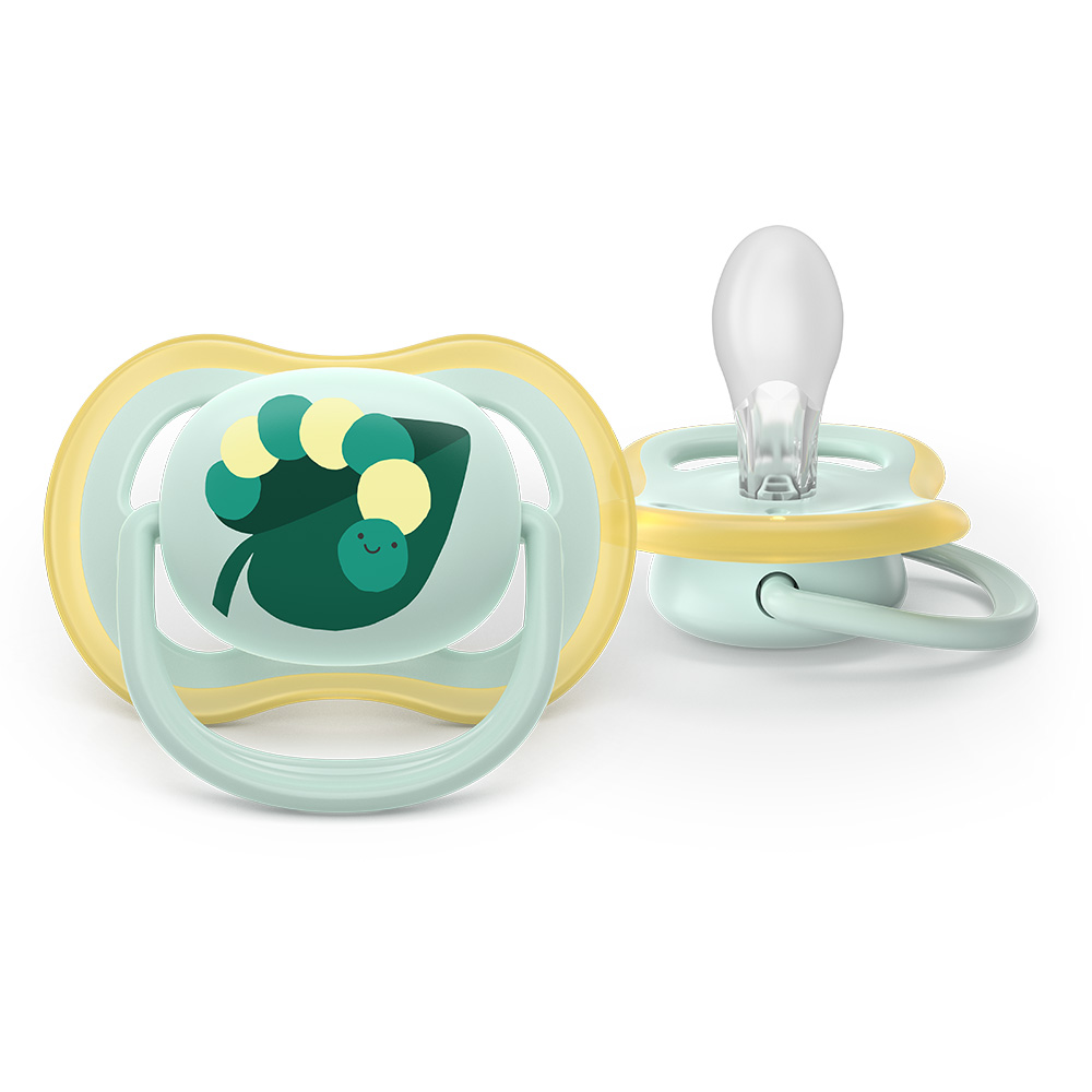 2 броя ортодонтски силиконови залъгалки Philips AVENT SCF087/02 Ultra Air, 0-6м, пастелни с картинки, в кутия за стерилизиране