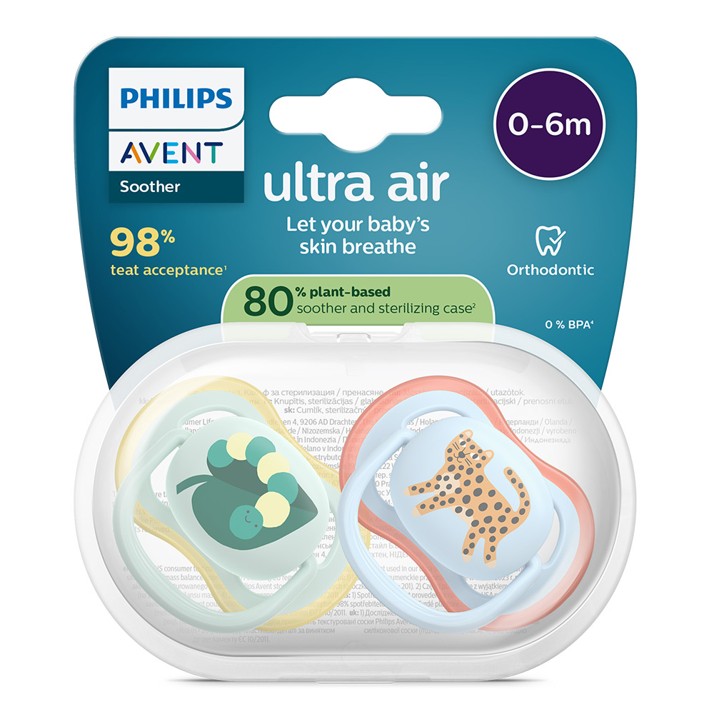 2 броя ортодонтски силиконови залъгалки Philips AVENT SCF087/02 Ultra Air, 0-6м, пастелни с картинки, в кутия за стерилизиране