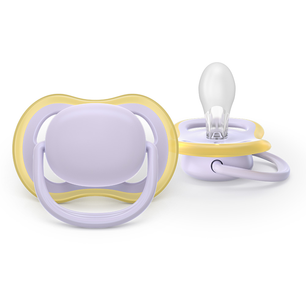 2 броя ортодонтски силиконови залъгалки Philips AVENT SCF087/03 Ultra Air, 0-6м, пастелни едноцветни, в кутия за стерилизиране
