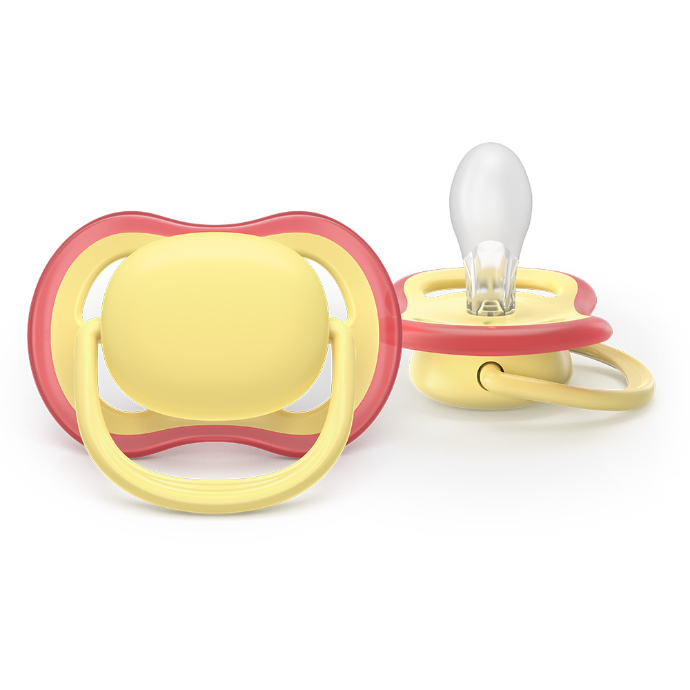2 броя ортодонтски силиконови залъгалки Philips AVENT SCF087/03 Ultra Air, 0-6м, пастелни едноцветни, в кутия за стерилизиране