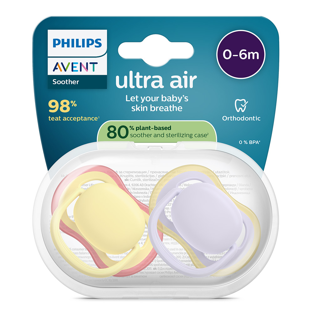 2 броя ортодонтски силиконови залъгалки Philips AVENT SCF087/03 Ultra Air, 0-6м, пастелни едноцветни, в кутия за стерилизиране