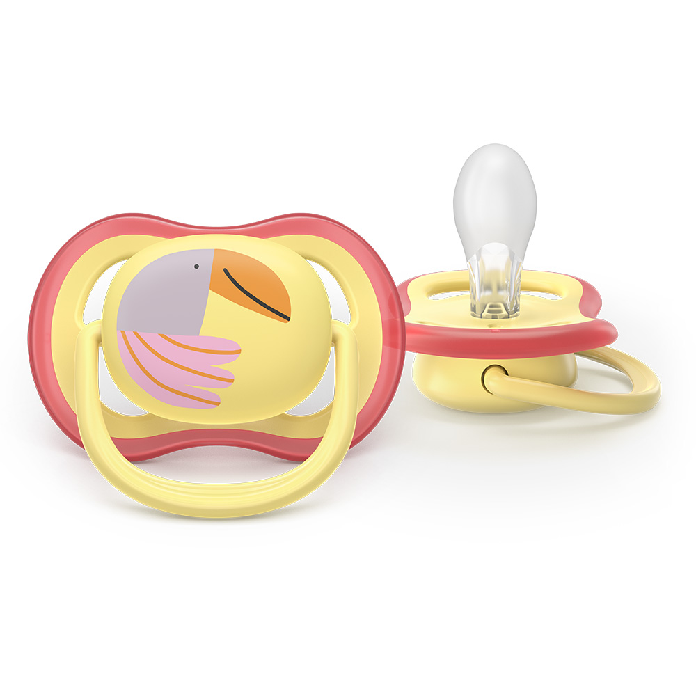 2 броя ортодонтски силиконови залъгалки Philips AVENT SCF087/04 Ultra Air, 0-6м, пастелни цветове с картинки, в кутия за стерилизиране