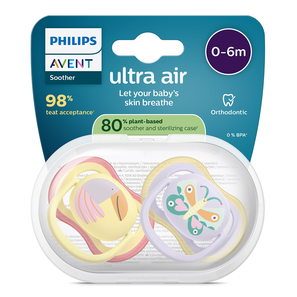 2 броя ортодонтски силиконови залъгалки Philips AVENT SCF087/04 Ultra Air, 0-6м, пастелни цветове с картинки, в кутия за стерилизиране