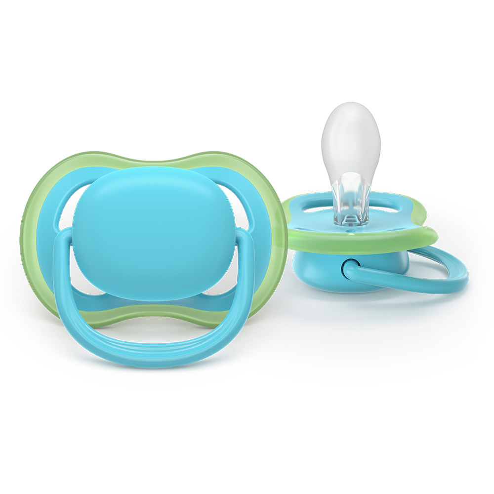 2 броя ортодонтски силиконови залъгалки Philips AVENT SCF087/10 Ultra Air, 6-18м, едноцветни, в кутия за стерилизиране