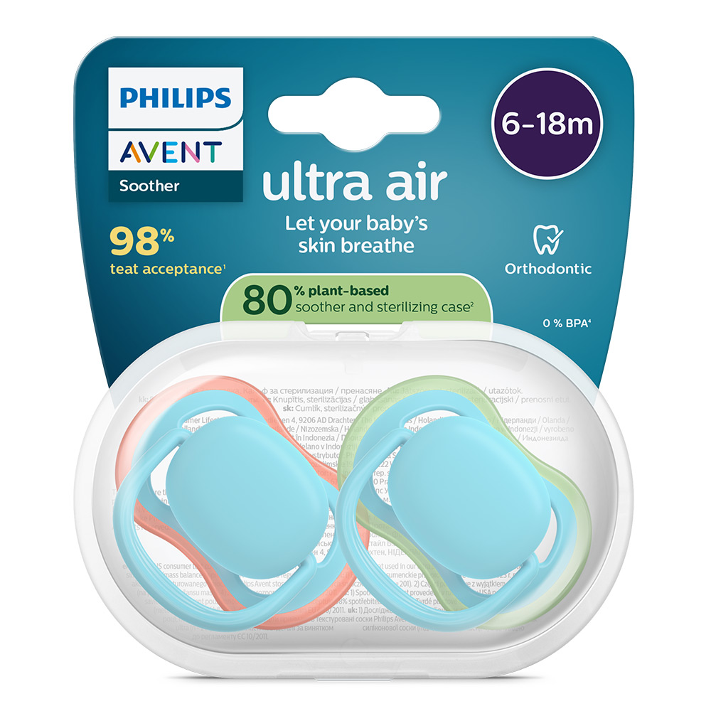 2 броя ортодонтски силиконови залъгалки Philips AVENT SCF087/10 Ultra Air, 6-18м, едноцветни, в кутия за стерилизиране