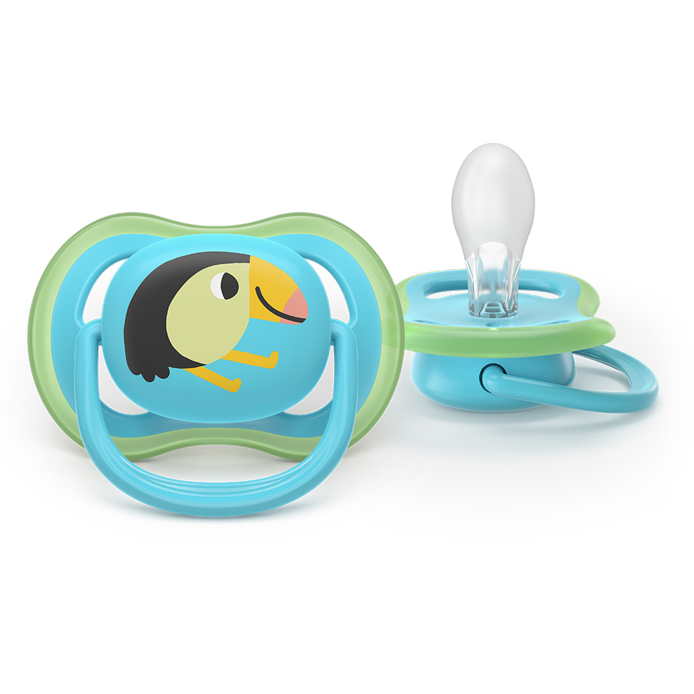 2 броя ортодонтски силиконови залъгалки Philips AVENT SCF087/11 Ultra Air, 6-18м, сини с картинки, в кутия за стерилизиране