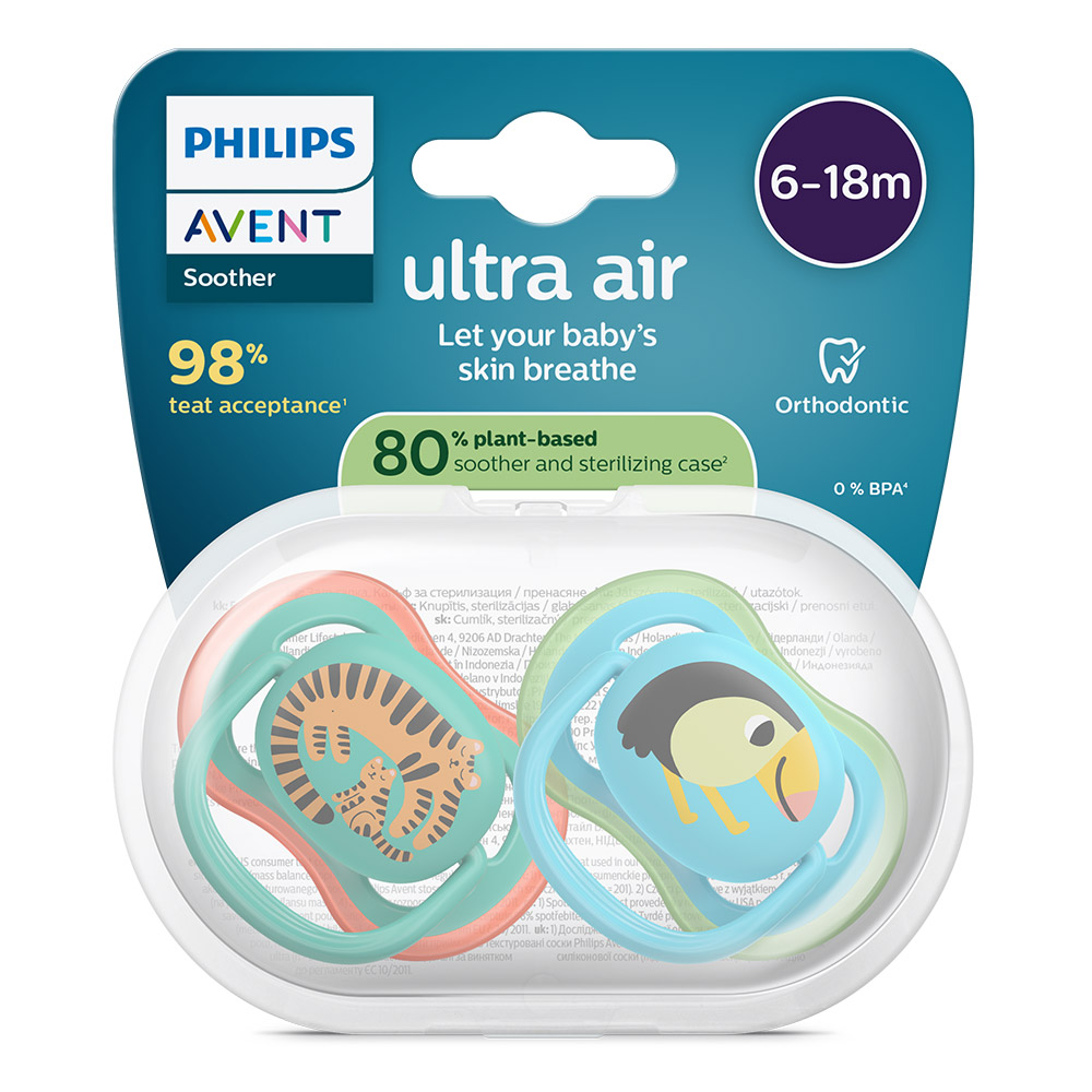 2 броя ортодонтски силиконови залъгалки Philips AVENT SCF087/11 Ultra Air, 6-18м, сини с картинки, в кутия за стерилизиране