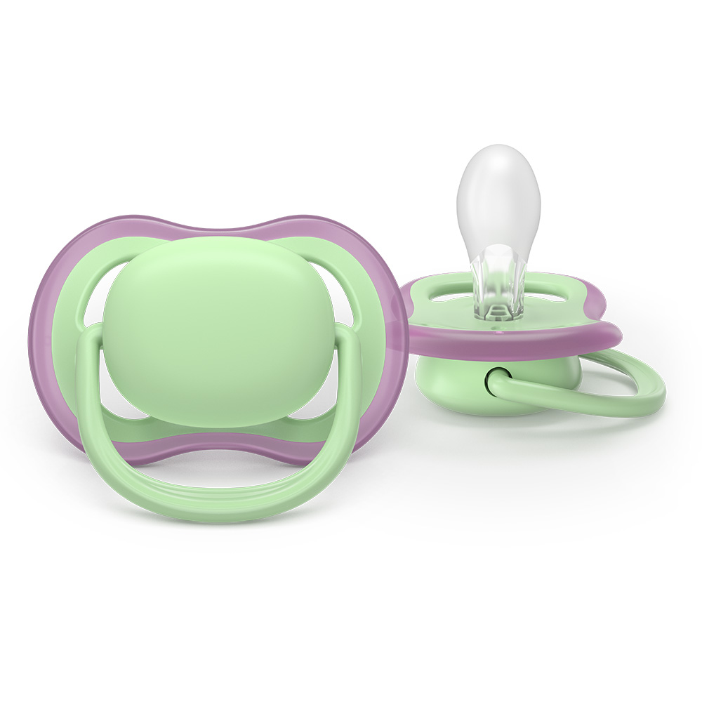 2 броя ортодонтски силиконови залъгалки Philips AVENT SCF087/12 Ultra Air, 6-18м, едноцветни, в кутия за стерилизиране