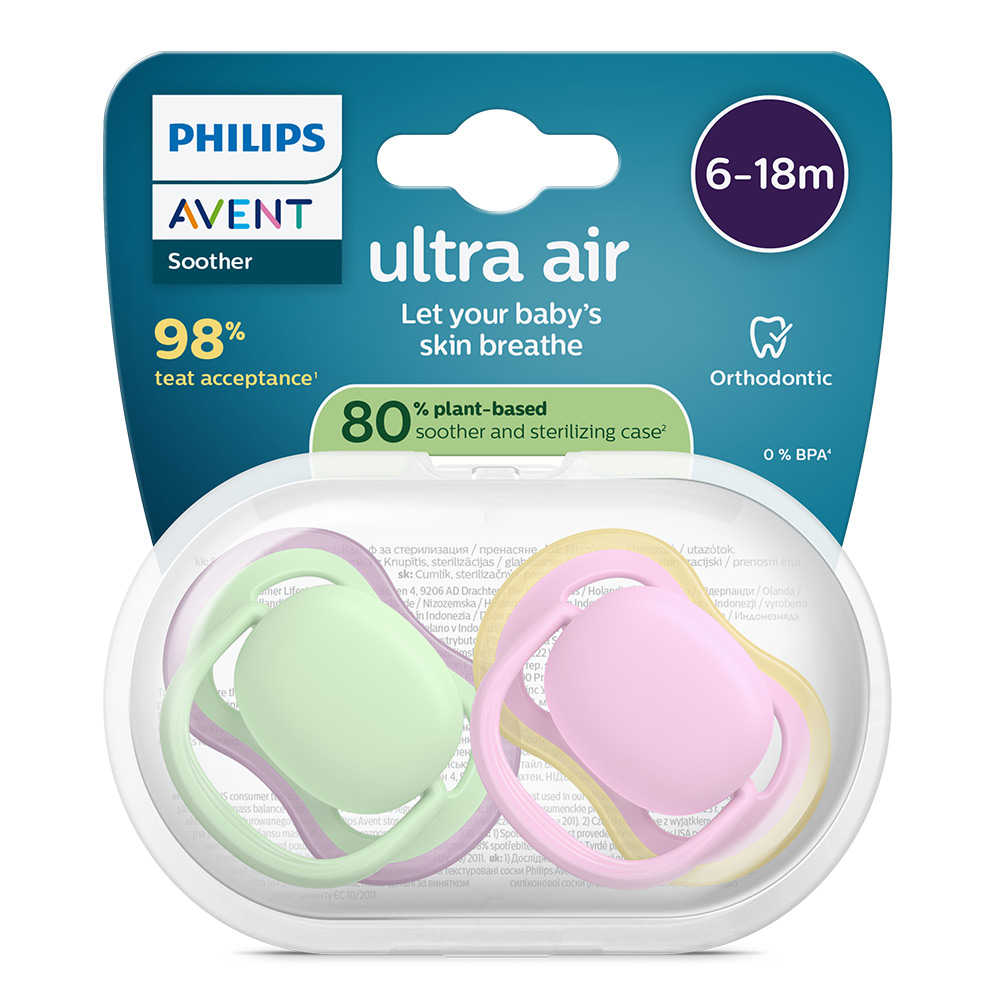 2 броя ортодонтски силиконови залъгалки Philips AVENT SCF087/12 Ultra Air, 6-18м, едноцветни, в кутия за стерилизиране