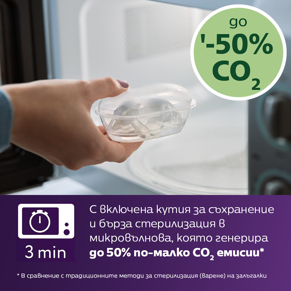 2 броя ортодонтски силиконови залъгалки Philips AVENT SCF087/12 Ultra Air, 6-18м, едноцветни, в кутия за стерилизиране