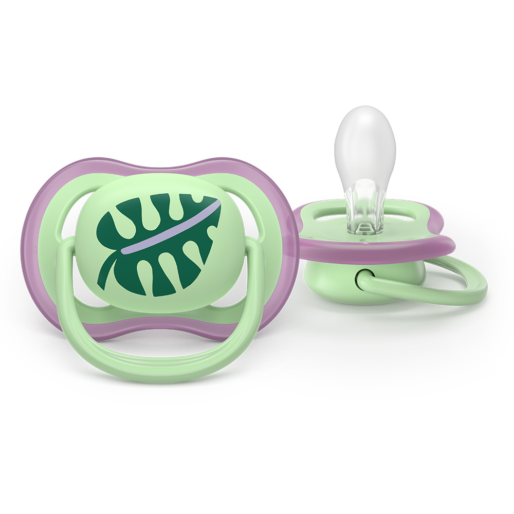 2 броя ортодонтски силиконови залъгалки Philips AVENT SCF087/13 Ultra Air, 6-18м, с картинки, в кутия за стерилизиране