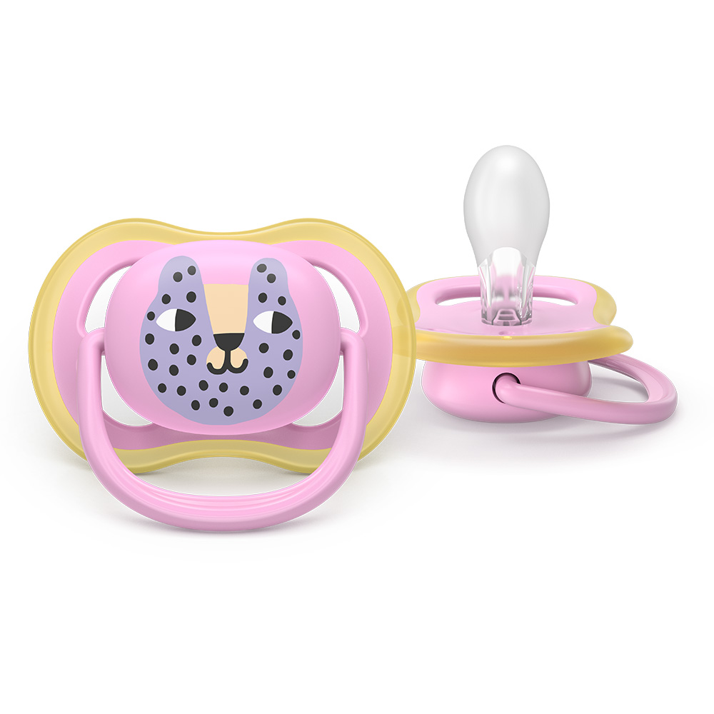 2 броя ортодонтски силиконови залъгалки Philips AVENT SCF087/13 Ultra Air, 6-18м, с картинки, в кутия за стерилизиране