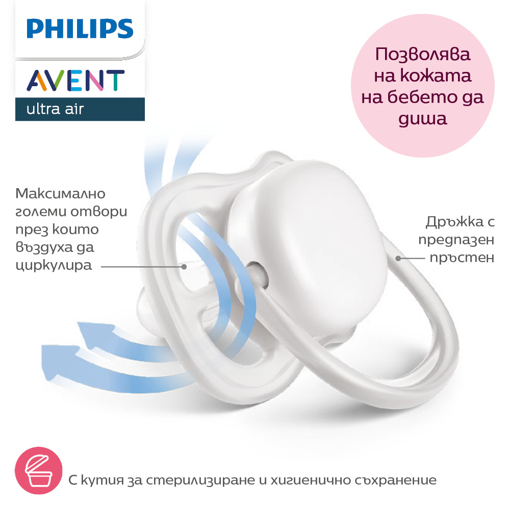 2 броя ортодонтски силиконови залъгалки Philips AVENT SCF087/17 Ultra Air Colors of Nature, 6-18м, пастелни цветове с картинки, унисекс, в кутия за стерилизиране
