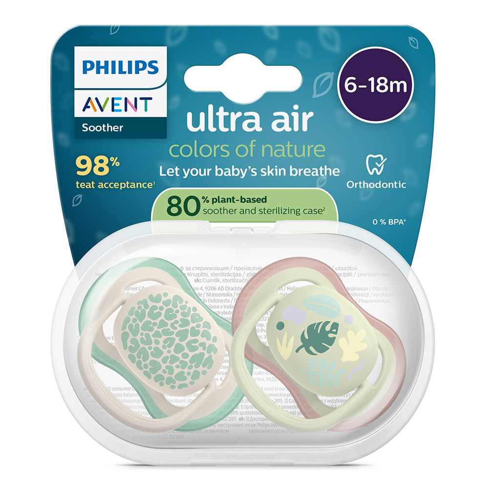 2 броя ортодонтски силиконови залъгалки Philips AVENT SCF087/17 Ultra Air Colors of Nature, 6-18м, пастелни цветове с картинки, унисекс, в кутия за стерилизиране
