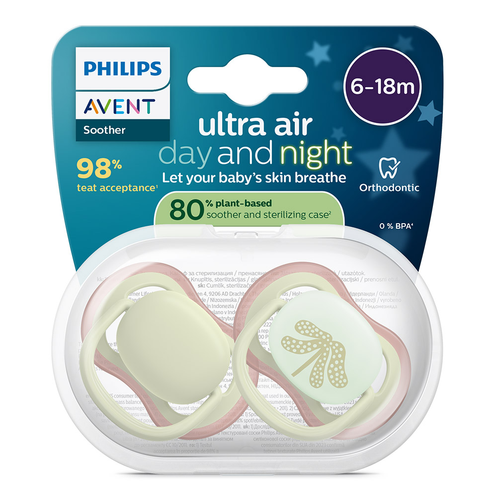 2 броя ортодонтски силиконови залъгалки Philips AVENT SCF087/18 Ultra Air Day and Night, 6-18м, пастелни цветове, унисекс, в кутия за стерилизиране
