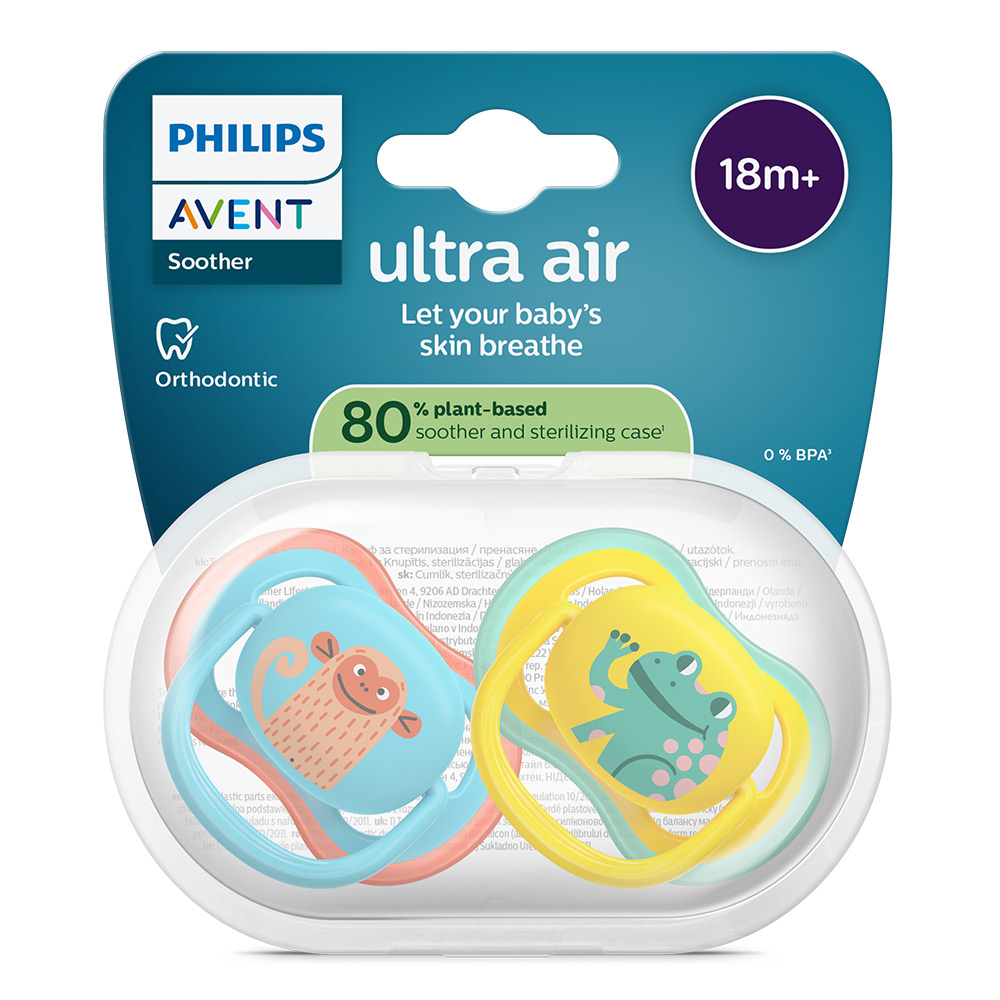 2 броя ортодонтски силиконови залъгалки Philips AVENT SCF349/58 Ultra Air, 18м+, с картинки, в кутия за стерилизиране
