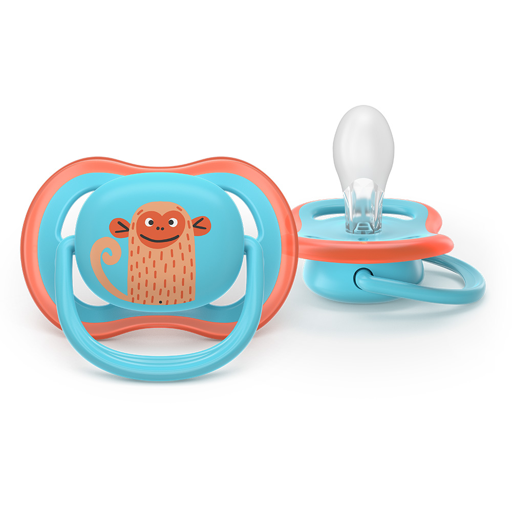 2 броя ортодонтски силиконови залъгалки Philips AVENT SCF349/58 Ultra Air, 18м+, с картинки, в кутия за стерилизиране