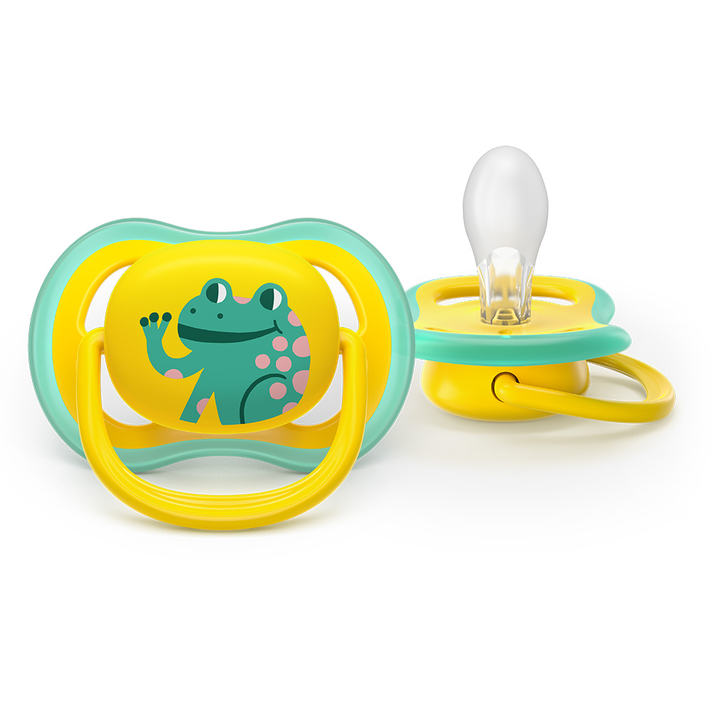 2 броя ортодонтски силиконови залъгалки Philips AVENT SCF349/58 Ultra Air, 18м+, с картинки, в кутия за стерилизиране