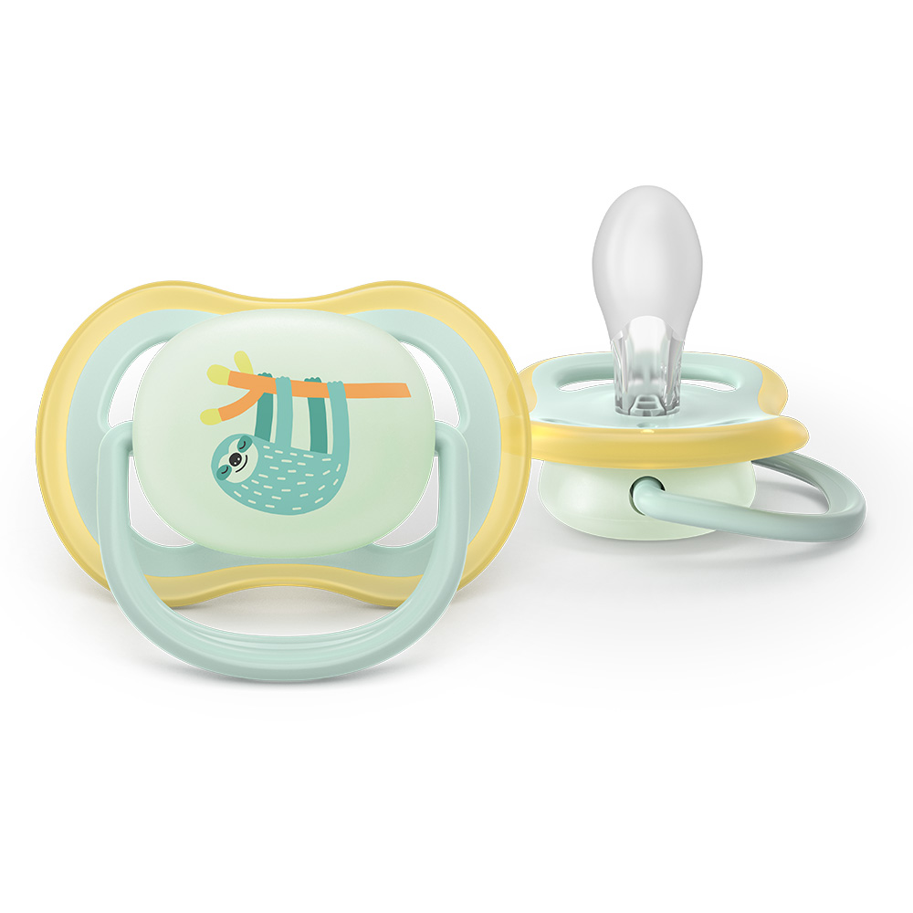 2 броя светещи в тъмното, ортодонтски силиконови залъгалки Philips AVENT SCF376/24 Ultra Air NightTime, 0-6м, с картинки, в кутия за стерилизиране