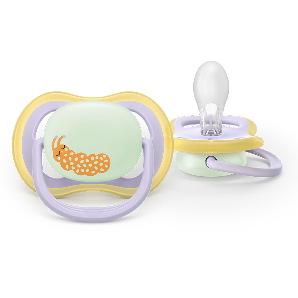 2 броя светещи в тъмното, ортодонтски силиконови залъгалки Philips AVENT SCF376/25 Ultra Air NightTime, 0-6м, с картинки, в кутия за стерилизиране