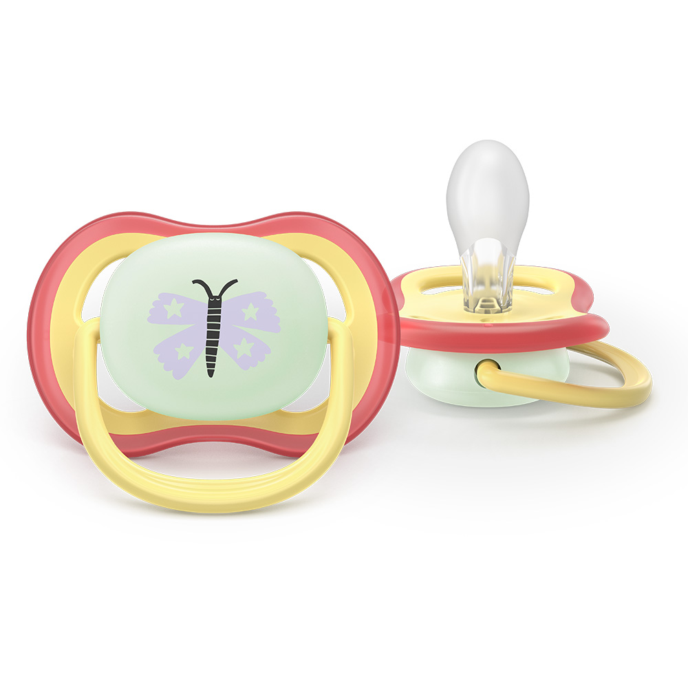 2 броя светещи в тъмното, ортодонтски силиконови залъгалки Philips AVENT SCF376/25 Ultra Air NightTime, 0-6м, с картинки, в кутия за стерилизиране