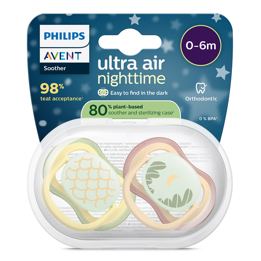 2 броя светещи в тъмното, ортодонтски силиконови залъгалки Philips AVENT SCF376/27 Ultra Air NightTime, 0-6м, с картинки, в кутия за стерилизиране