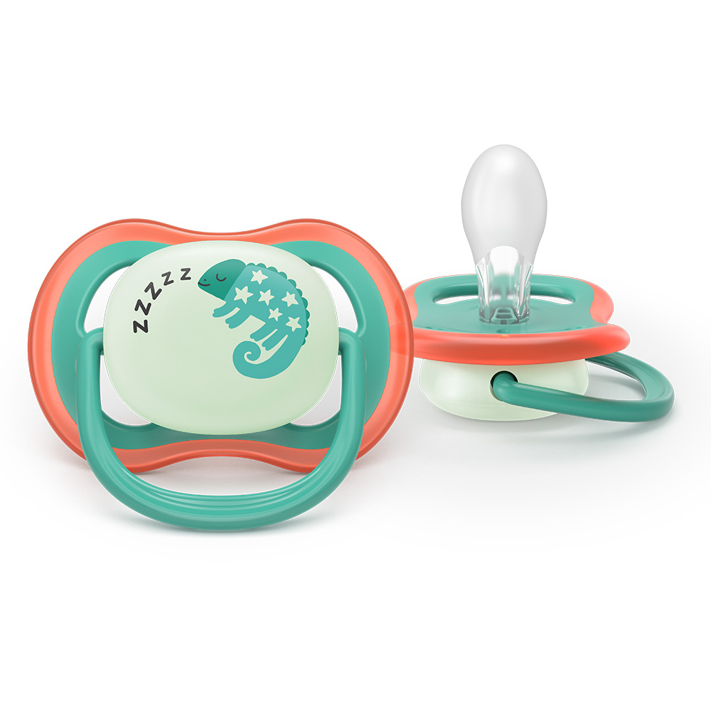 2 броя светещи в тъмното, ортодонтски силиконови залъгалки Philips AVENT SCF376/28 Ultra Air NightTime, 6-18м, с картинки, в кутия за стерилизиране