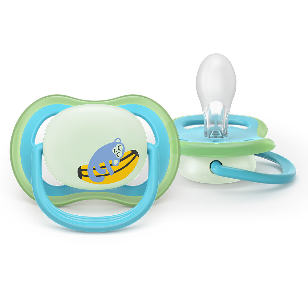 2 броя светещи в тъмното, ортодонтски силиконови залъгалки Philips AVENT SCF376/28 Ultra Air NightTime, 6-18м, с картинки, в кутия за стерилизиране
