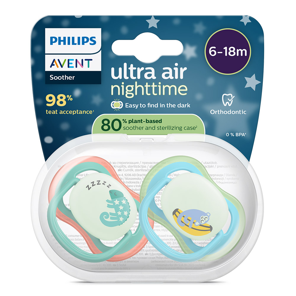 2 броя светещи в тъмното, ортодонтски силиконови залъгалки Philips AVENT SCF376/28 Ultra Air NightTime, 6-18м, с картинки, в кутия за стерилизиране