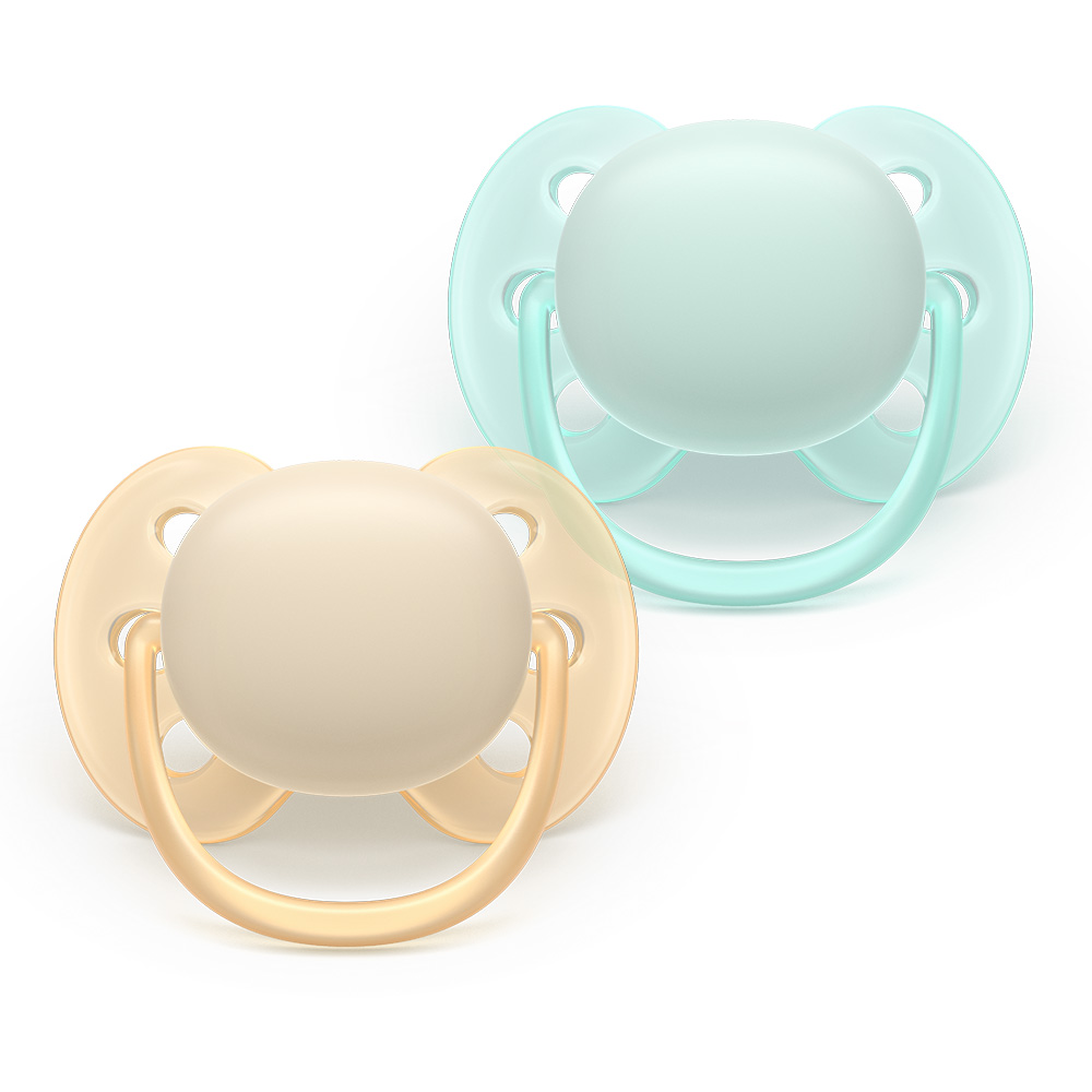Комплект от 2 броя ортодонтични силиконови залъгалки Philips AVENT Ultra Soft SCF091/40, в кутия за стерилизиране, plant-based