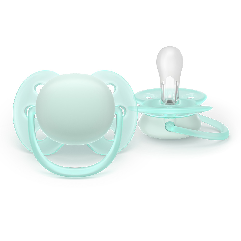 Комплект от 2 броя ортодонтични силиконови залъгалки Philips AVENT Ultra Soft SCF091/40, в кутия за стерилизиране, plant-based