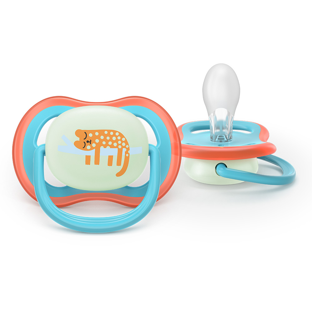 2 броя светещи в тъмното, ортодонтски силиконови залъгалки Philips AVENT SCF376/32 Ultra Air NightTime, 18м+, с картинки, в кутия за стерилизиране