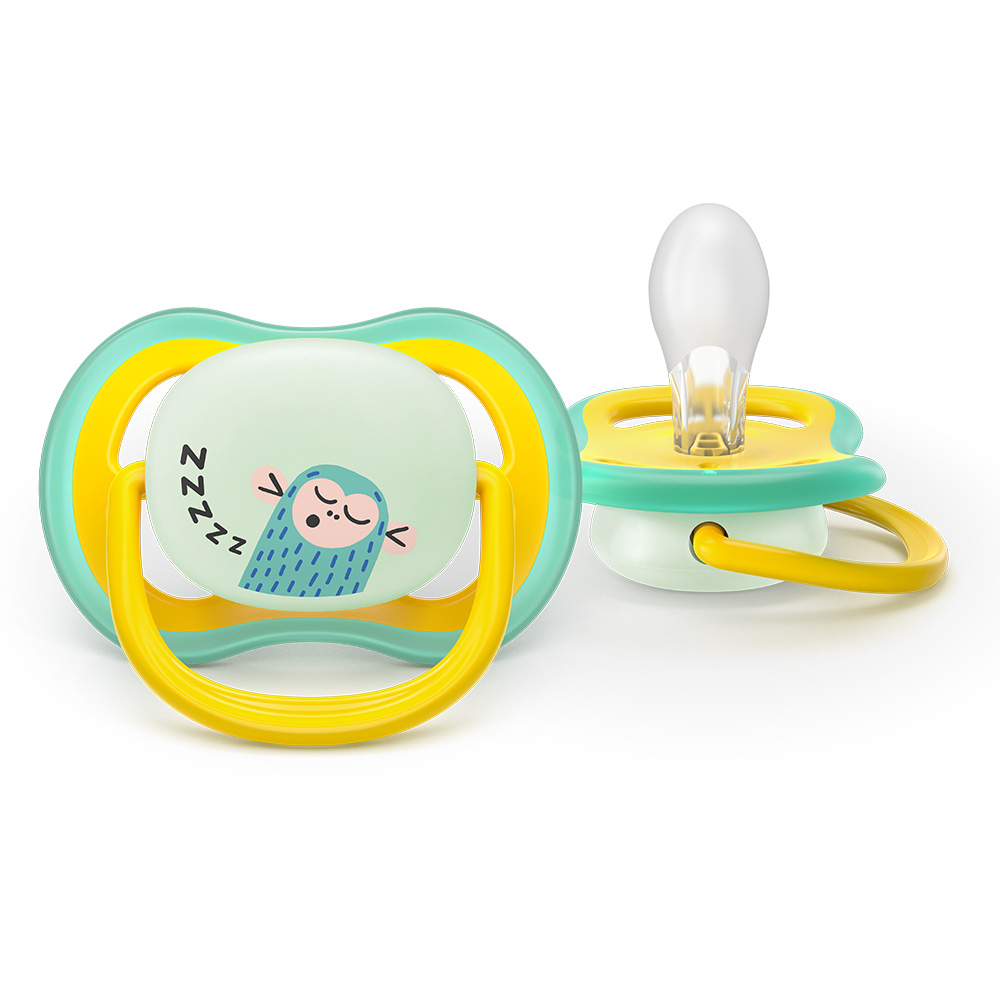 2 броя светещи в тъмното, ортодонтски силиконови залъгалки Philips AVENT SCF376/32 Ultra Air NightTime, 18м+, с картинки, в кутия за стерилизиране