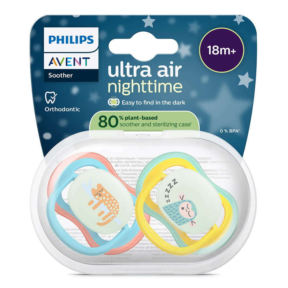 2 броя светещи в тъмното, ортодонтски силиконови залъгалки Philips AVENT SCF376/32 Ultra Air NightTime, 18м+, с картинки, в кутия за стерилизиране