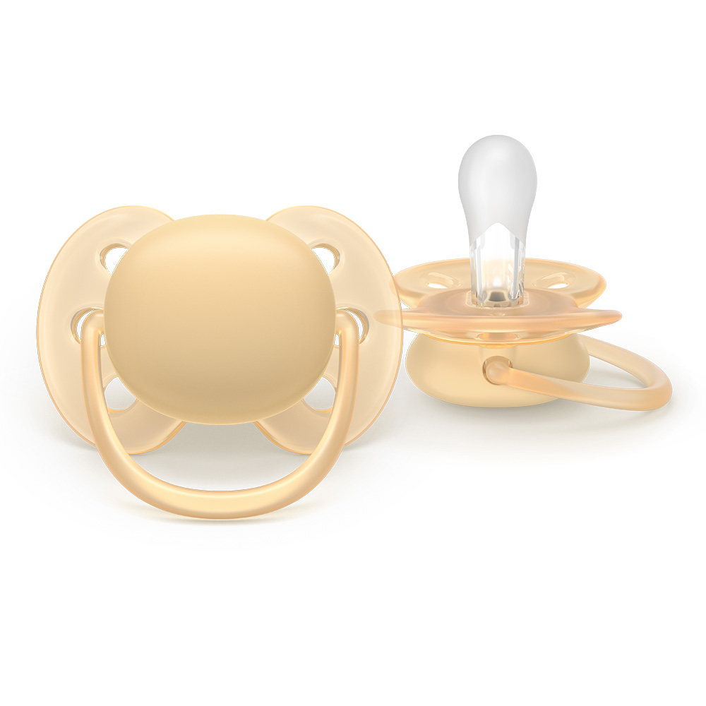 Комплект от 2 броя ортодонтични силиконови залъгалки Philips AVENT Ultra Soft SCF091/45, в кутия за стерилизиране, plant-based