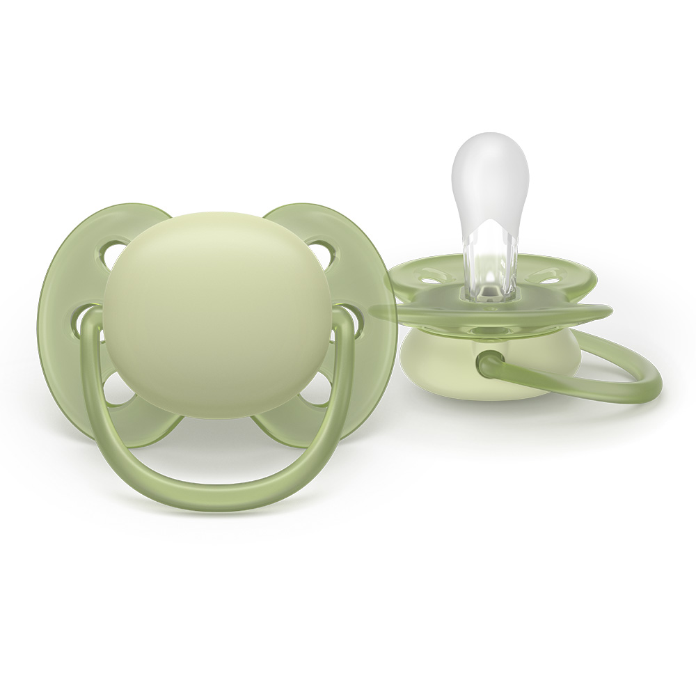 Комплект от 2 броя ортодонтични силиконови залъгалки Philips AVENT Ultra Soft SCF091/45, в кутия за стерилизиране, plant-based