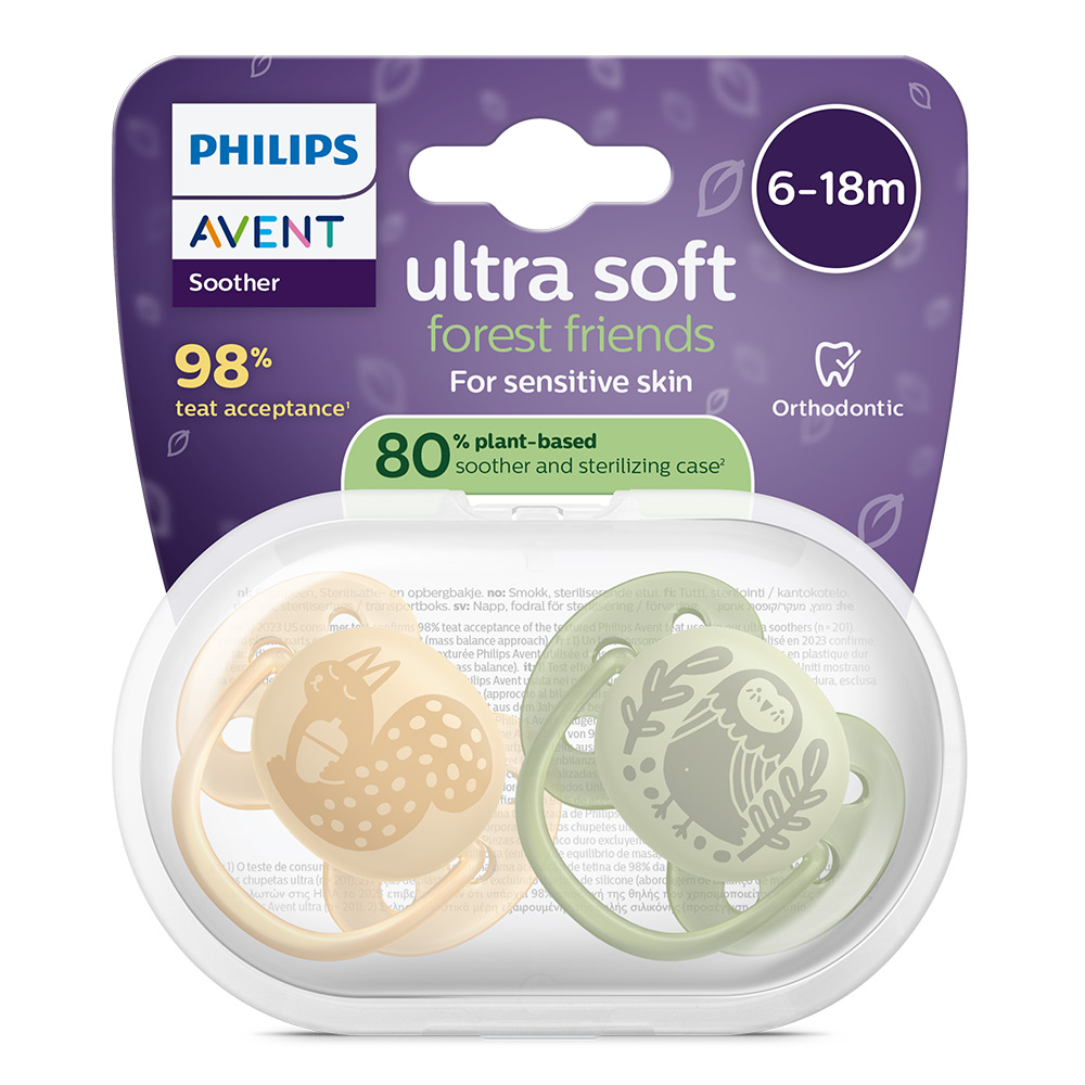 Комплект от 2 броя ортодонтични силиконови залъгалки Philips AVENT Ultra Soft SCF091/46, в кутия за стерилизиране, plant-based