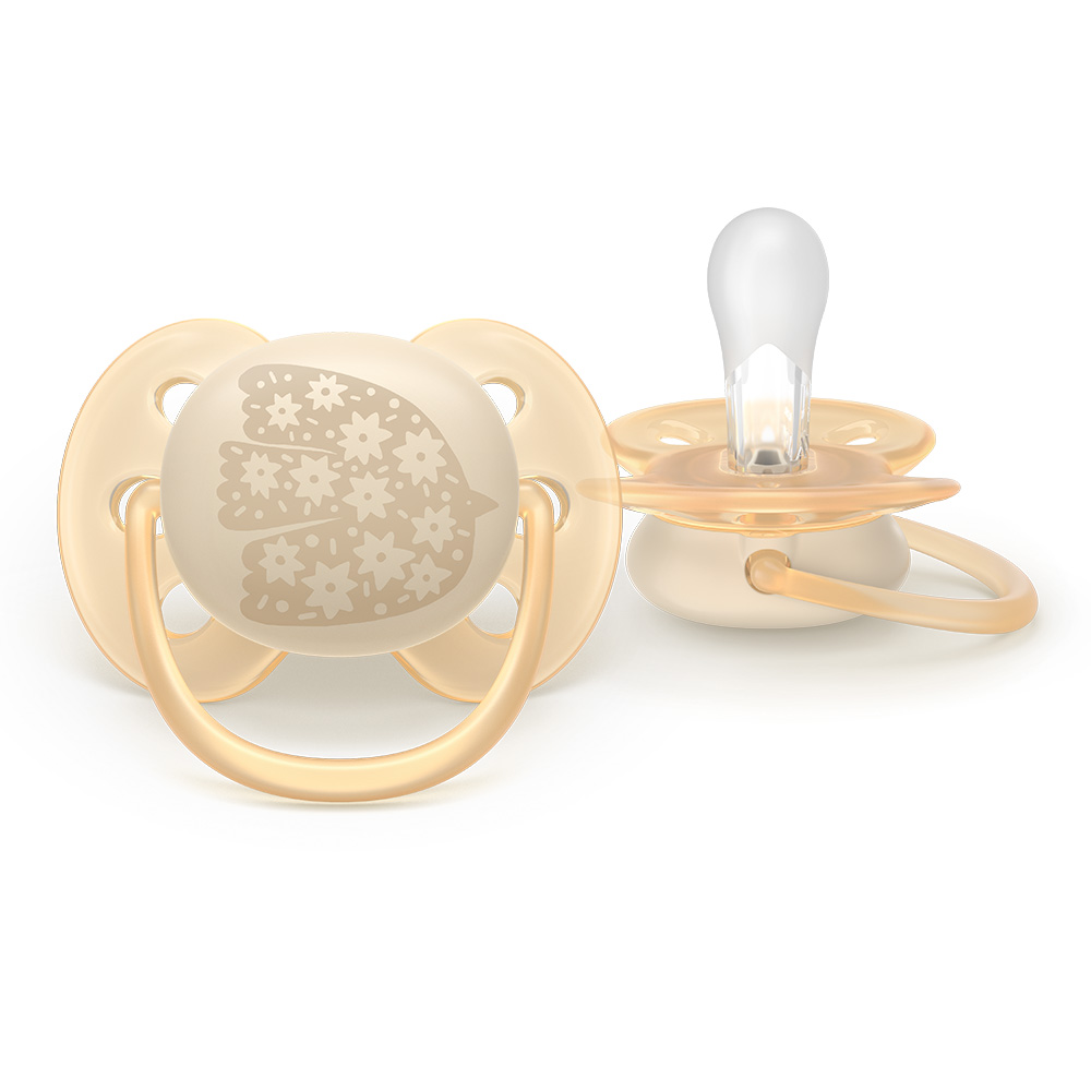 Комплект от 2 броя ортодонтични силиконови залъгалки Philips AVENT Ultra Soft SCF091/41, в кутия за стерилизиране, plant-based