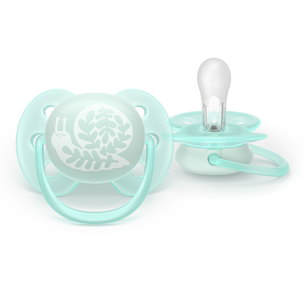 Комплект от 2 броя ортодонтични силиконови залъгалки Philips AVENT Ultra Soft SCF091/41, в кутия за стерилизиране, plant-based