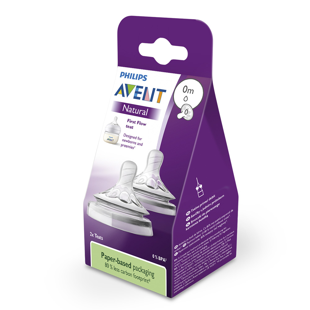 Комплект от 2 броя биберони за хранене на новородено Philips AVENT Natural SCF657/27 със свободен поток и много бавен дебит, 0м