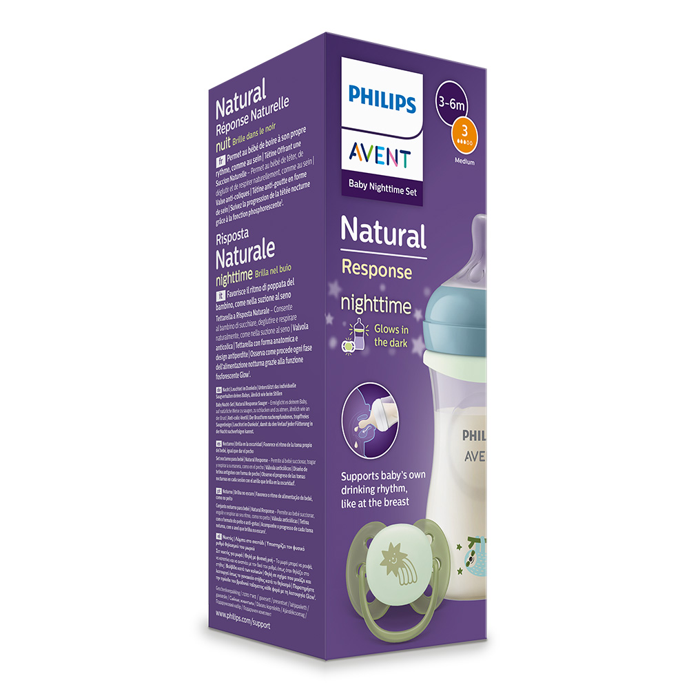 Нощен комплект за бебе Philips AVENT SCD838/17 със шише за хранене Natural Response 260 мл с биберон без протичане със среден поток и залъгалка Ultra Soft