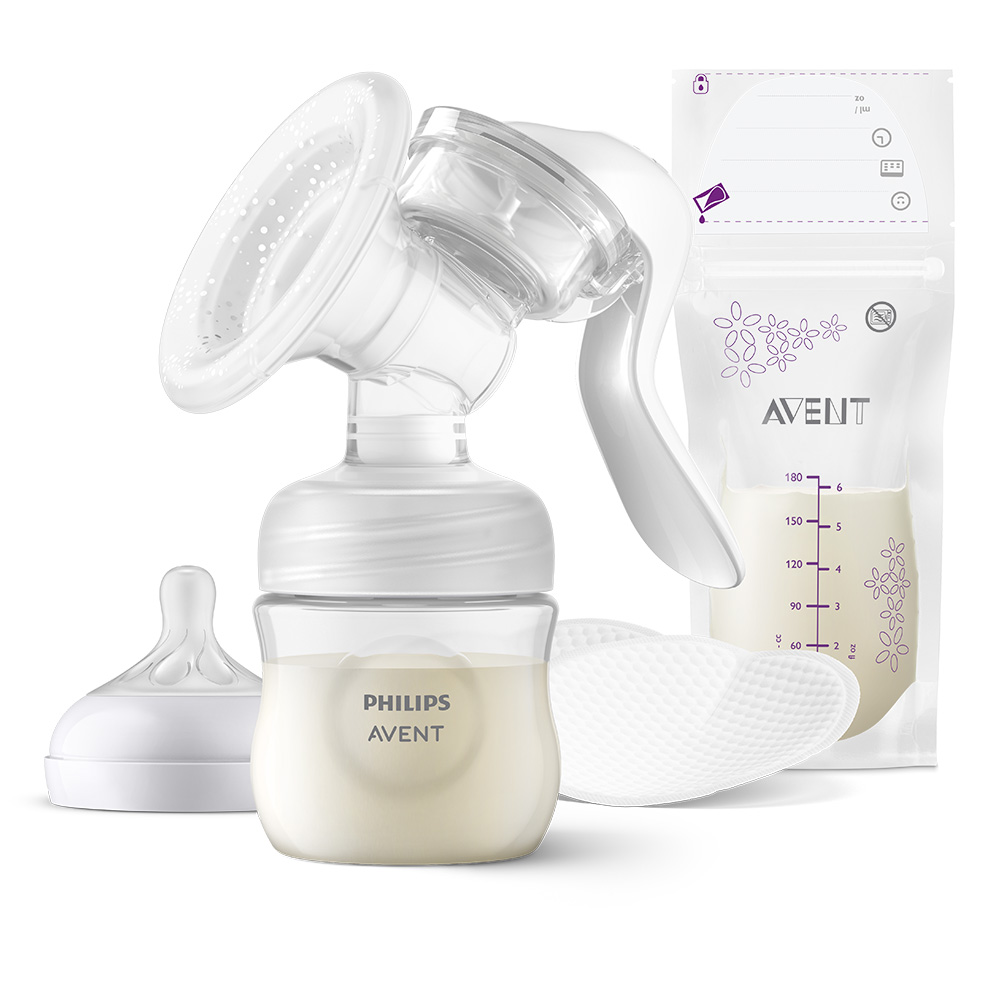 Ръчна помпа за изцеждане на кърма Natural Motion Philips AVENT SCF430/20 в комплект с шише Natural Response 125 мл, торбички за кърма и подплънки за кърмачки