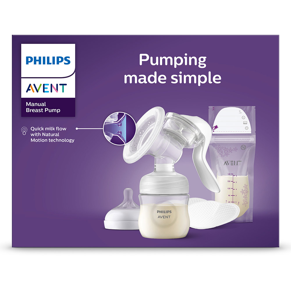 Ръчна помпа за изцеждане на кърма Natural Motion Philips AVENT SCF430/20 в комплект с шише Natural Response 125 мл, торбички за кърма и подплънки за кърмачки
