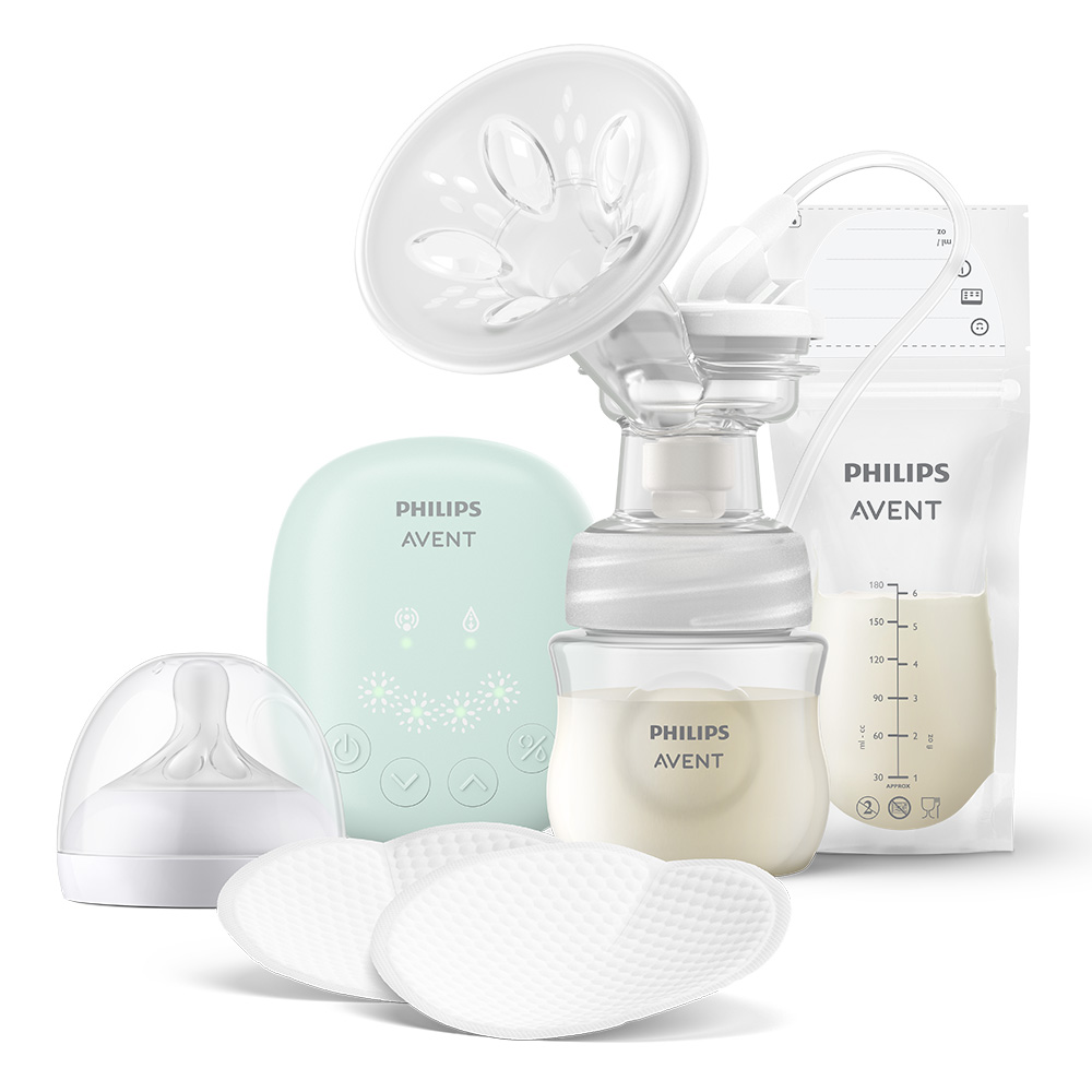 Комплект от Единична електрическа помпа за изцеждане на кърма Philips AVENT Essential, 1 бр. шише Natural Response 125 мл, 5 бр. торбички за кърма и 4 бр. подплънки