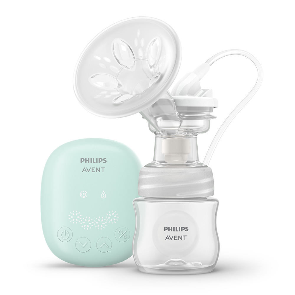 Комплект от Единична електрическа помпа за изцеждане на кърма Philips AVENT Essential, 1 бр. шише Natural Response 125 мл, 5 бр. торбички за кърма и 4 бр. подплънки
