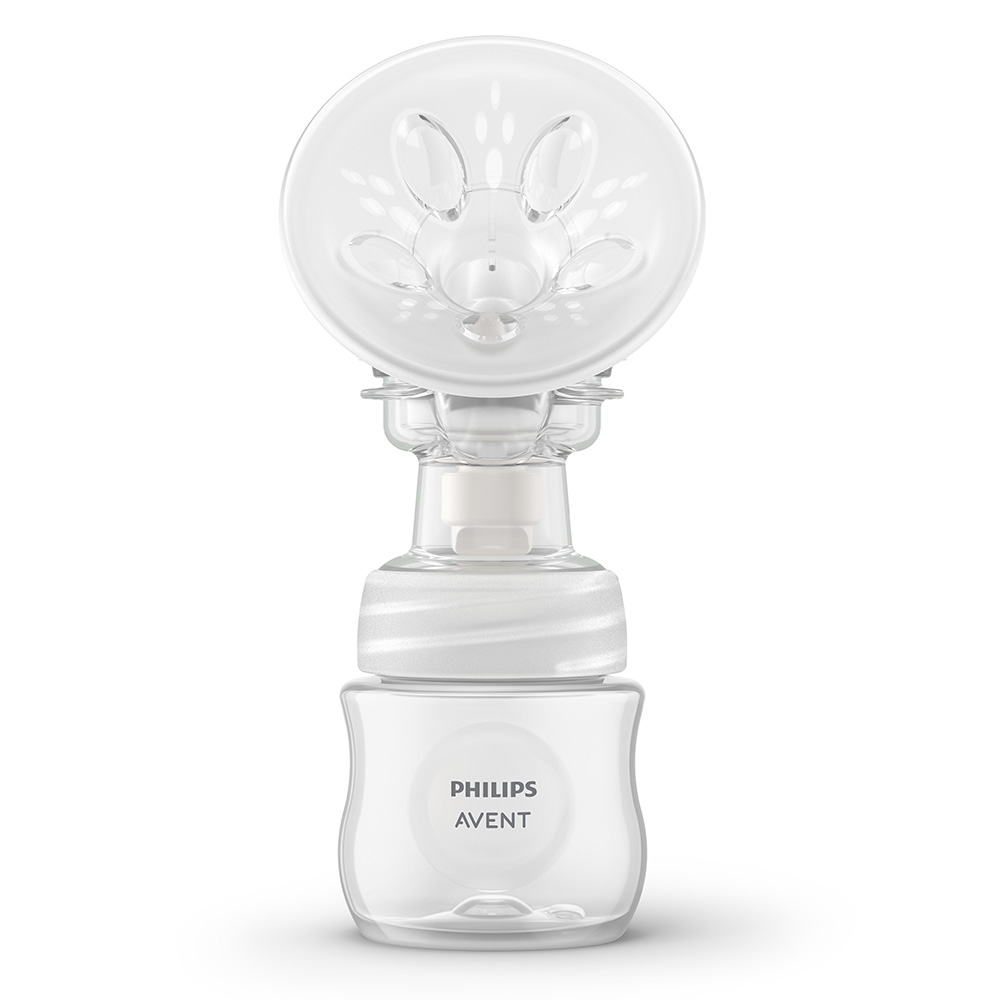 Комплект от Единична електрическа помпа за изцеждане на кърма Philips AVENT Essential, 1 бр. шише Natural Response 125 мл, 5 бр. торбички за кърма и 4 бр. подплънки