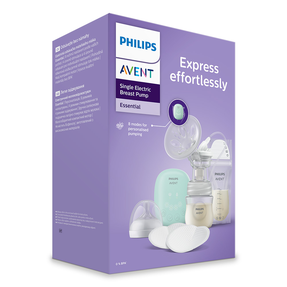 Комплект от Единична електрическа помпа за изцеждане на кърма Philips AVENT Essential, 1 бр. шише Natural Response 125 мл, 5 бр. торбички за кърма и 4 бр. подплънки