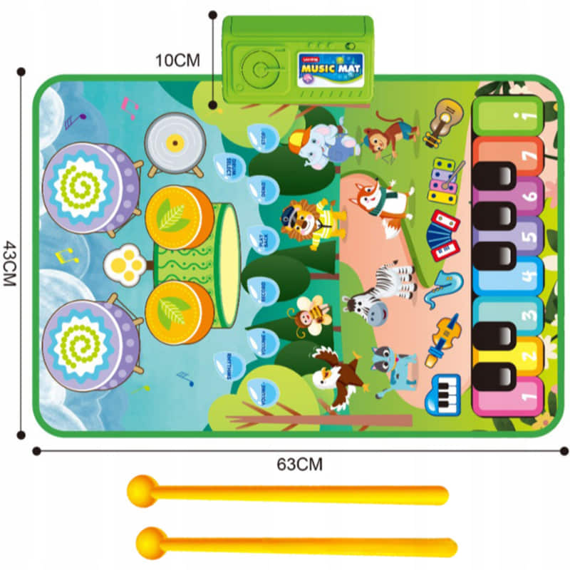 Музикално килимче за игра за бебе Raya Toys Jazz 3в1, Пиано с животни и барабани